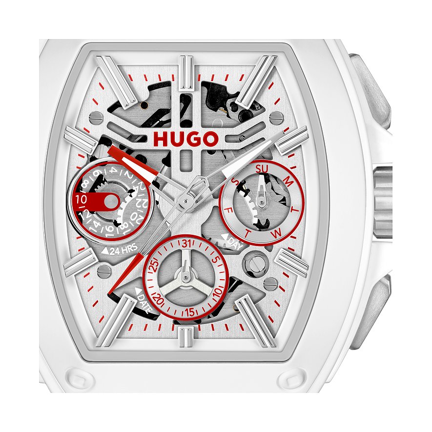 Close-up van het Hugo herenhorloge: roestvrij staal, witte wijzerplaat, rode accenten, zichtbaar uurwerk.