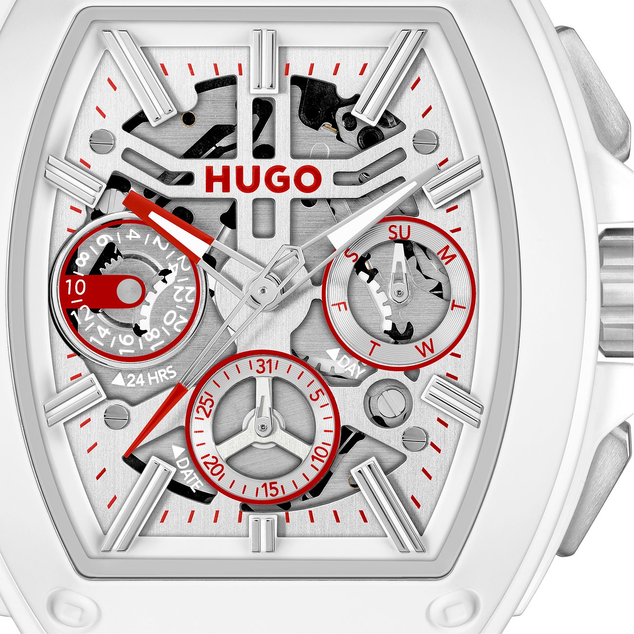 Close-up van het Hugo herenhorloge: roestvrij staal, witte wijzerplaat, rode accenten, zichtbaar uurwerk.