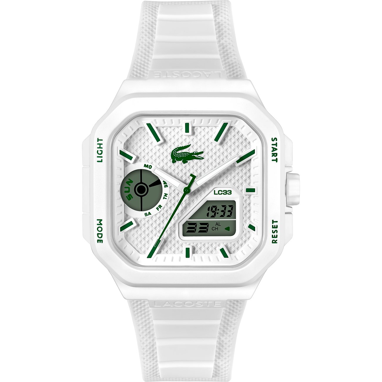 Weiße Lacoste Herrenuhr aus Edelstahl mit quadratischem Zifferblatt, grünen Akzenten und digitaler Anzeige.