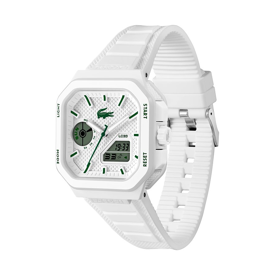 Nahaufnahme einer weißen Lacoste Herrenuhr aus Edelstahl mit weißem Silikonarmband und digitalem Zifferblatt mit grünen Akzenten.