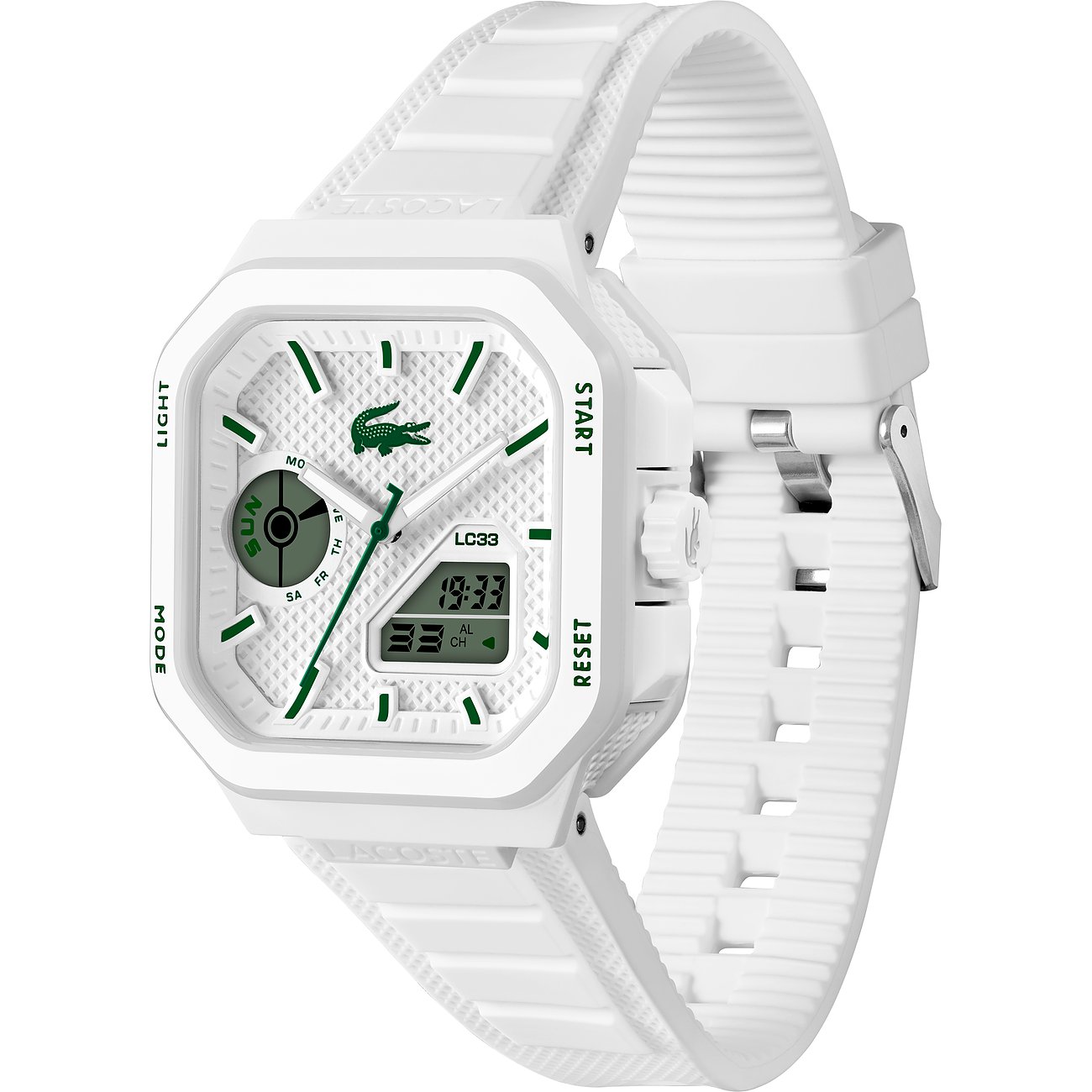 Nahaufnahme einer weißen Lacoste Herrenuhr aus Edelstahl mit weißem Silikonarmband und digitalem Zifferblatt mit grünen Akzenten.