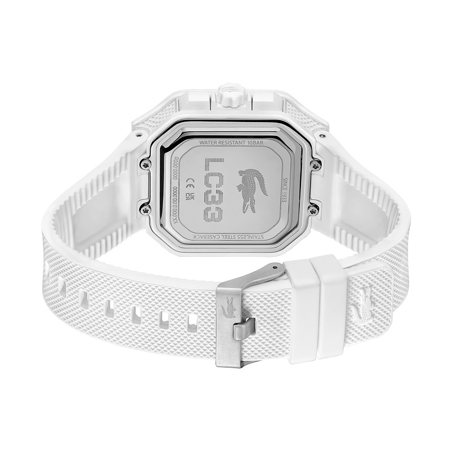 Rückansicht der Lacoste Herrenuhr mit weißem Armband. Das Edelstahllgehäuse zeigt das Lacoste-Logo.
