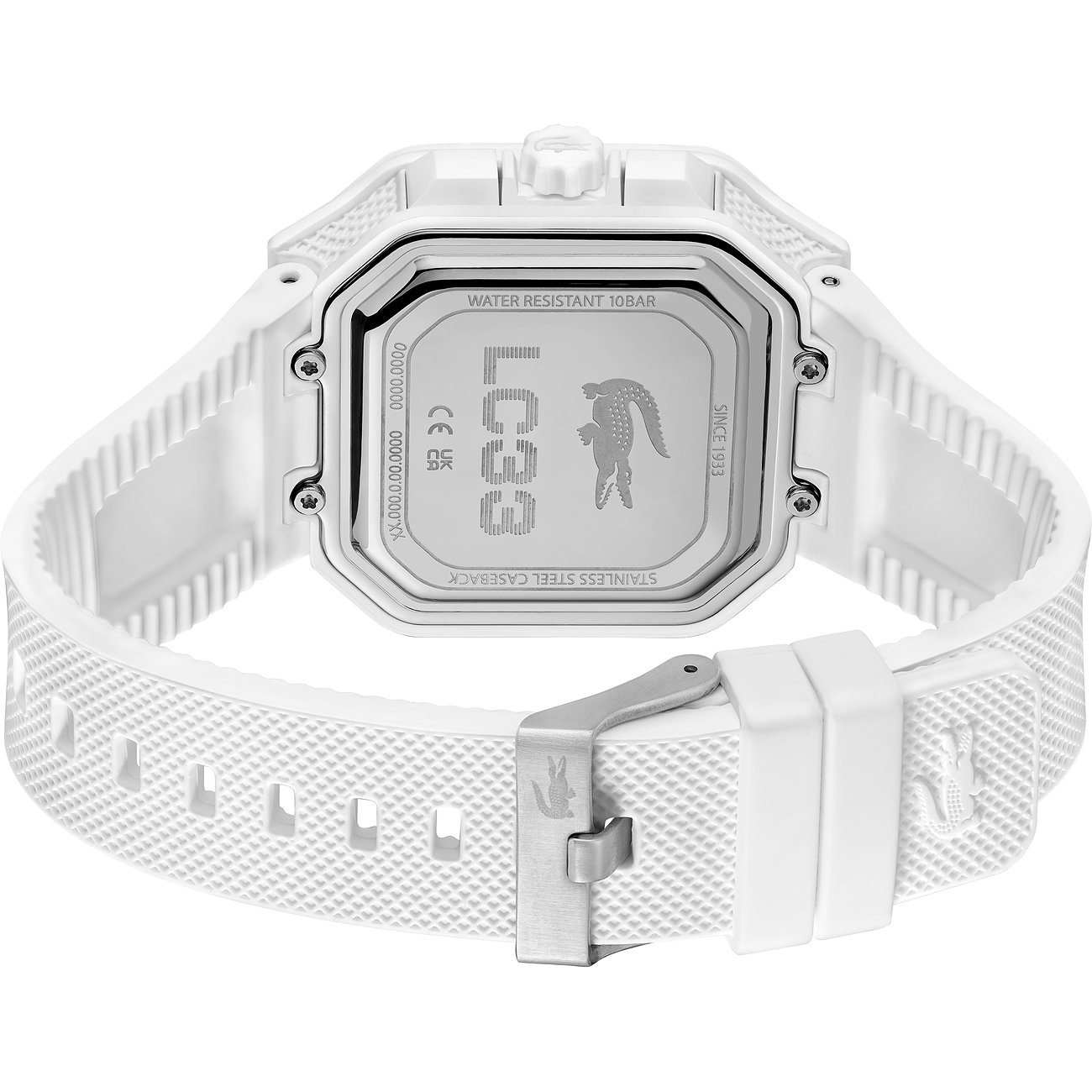 Rückansicht der Lacoste Herrenuhr mit weißem Armband. Das Edelstahllgehäuse zeigt das Lacoste-Logo.