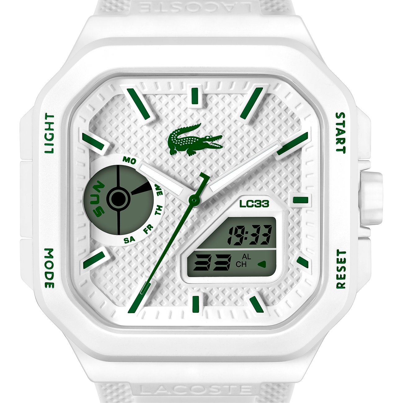 Nahaufnahme einer Lacoste Herrenuhr aus Edelstahl in Weiß mit grünem Zifferblatt und digitalen Anzeigen.