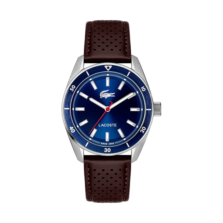 Lacoste Herrenuhr aus Edelstahl mit braunem Lederarmband und blauem Zifferblatt, von oben mittig.