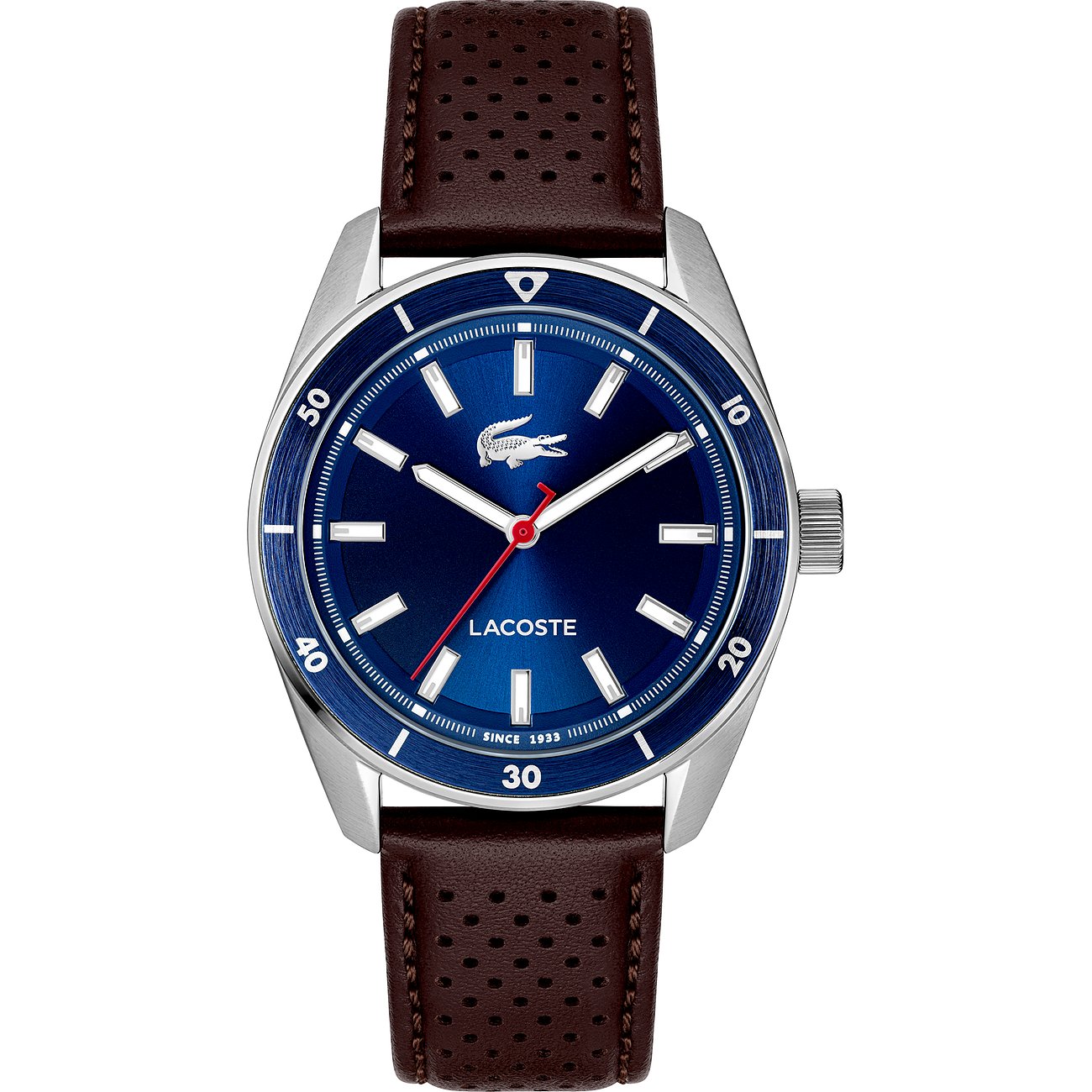 Lacoste Herrenuhr aus Edelstahl mit braunem Lederarmband und blauem Zifferblatt, von oben mittig.
