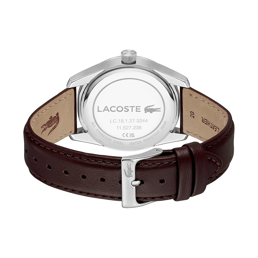 Rückansicht der Lacoste Herrenuhr aus Edelstahl mit braunem Lederarmband und Dornschließe.