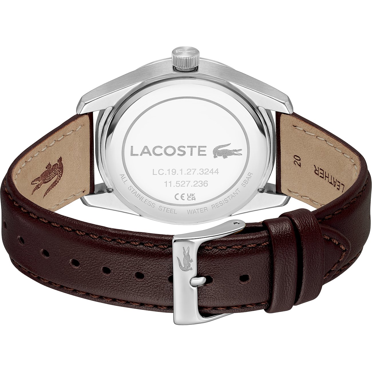 Rückansicht der Lacoste Herrenuhr aus Edelstahl mit braunem Lederarmband und Dornschließe.