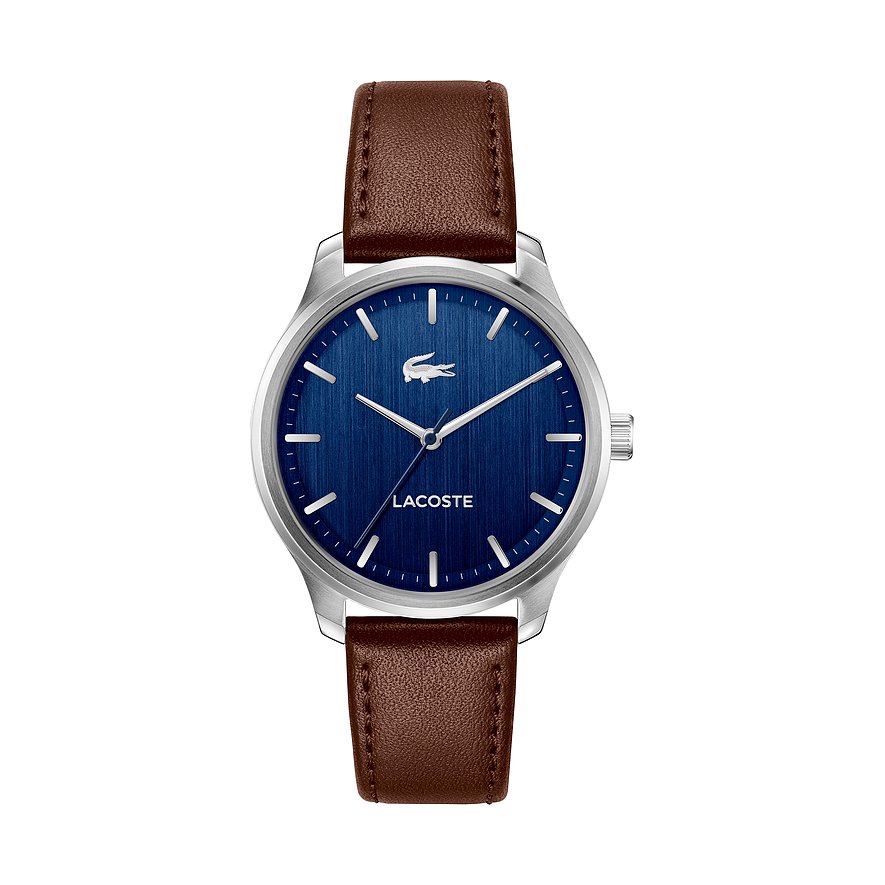Lacoste Herrenuhr aus Edelstahl mit braunem Lederarmband und blauem Zifferblatt