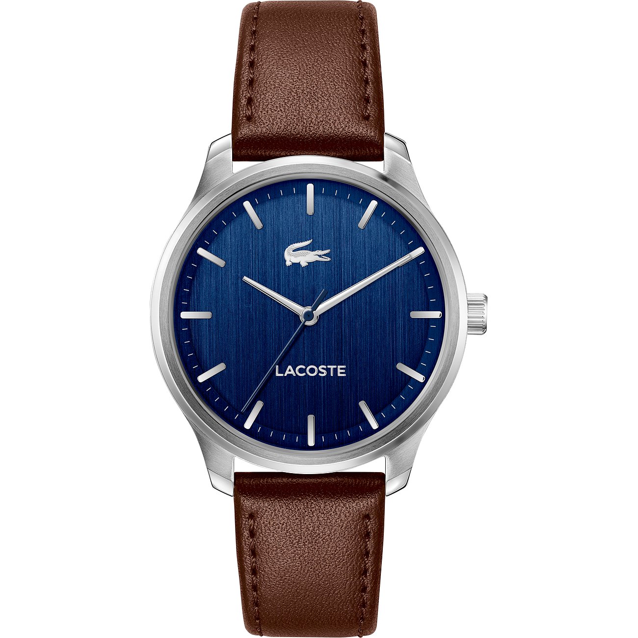 Lacoste Herrenuhr aus Edelstahl mit braunem Lederarmband und blauem Zifferblatt