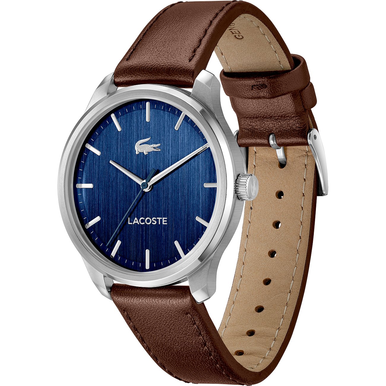 Lacoste Herrenuhr aus Edelstahl mit blauem Zifferblatt und braunem Lederarmband.