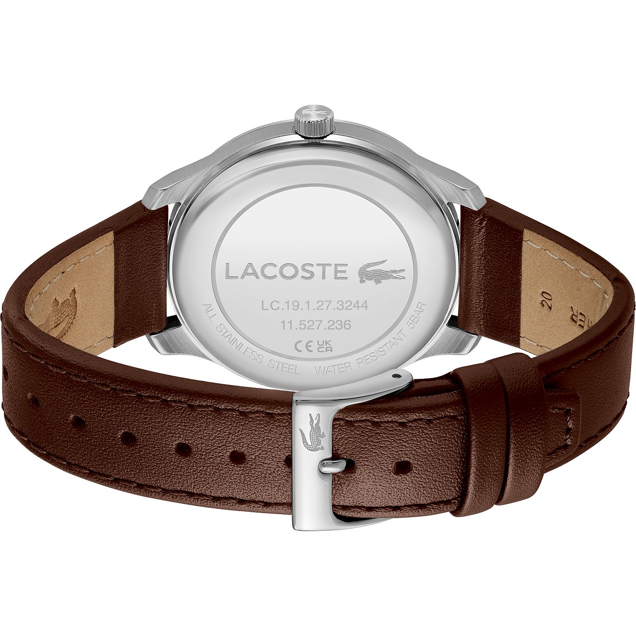 Rückseite einer Lacoste Herrenuhr aus Edelstahl mit braunem Lederarmband und polierter silberfarbener Dornschließe.