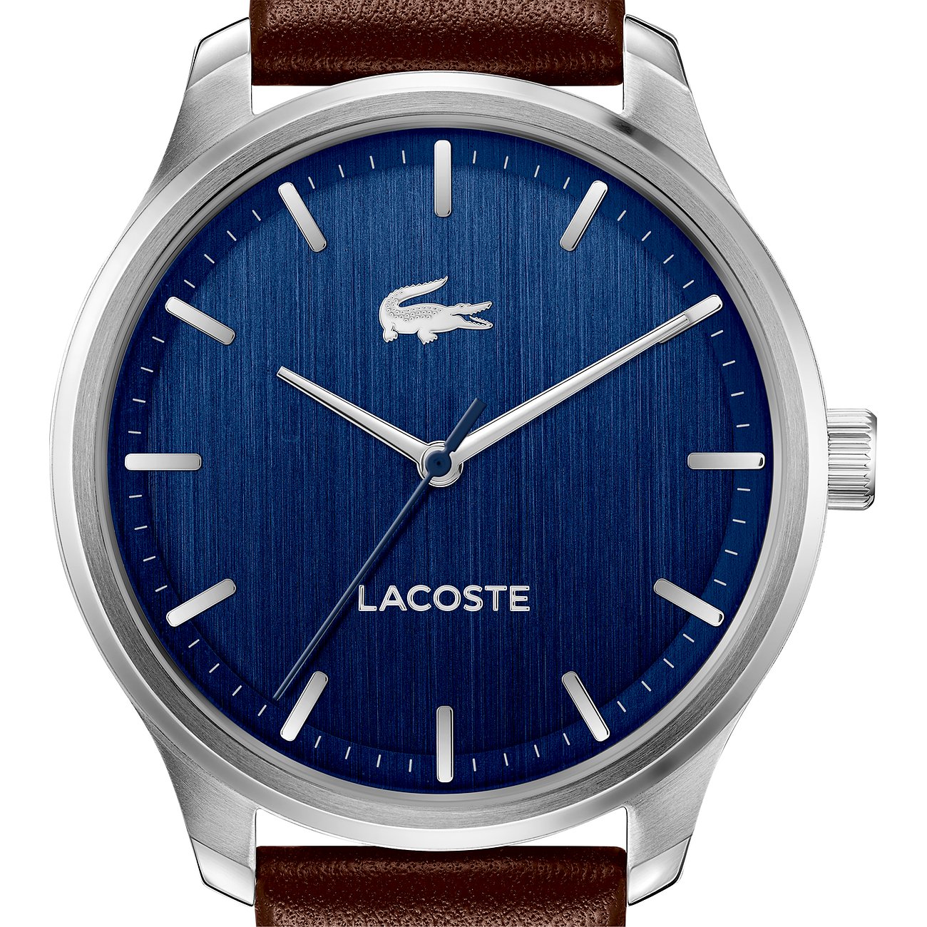 Nahaufnahme einer runden Lacoste Herrenuhr aus silberfarbenem Edelstahl mit dunkelblauem Zifferblatt und braunem Lederarmband