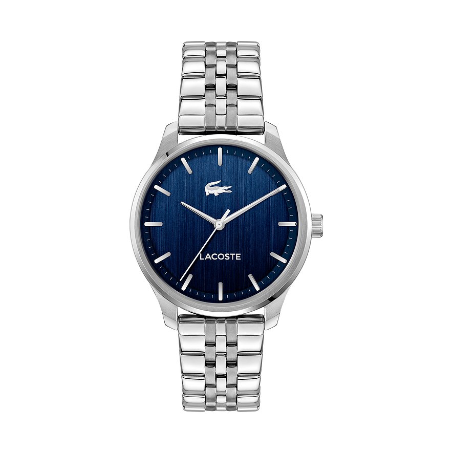 Lacoste herenhorloge van edelstaal met donkere wijzerplaat, frontaal op witte achtergrond.