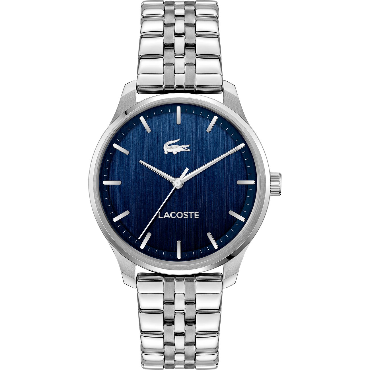 Lacoste herenhorloge van edelstaal met donkere wijzerplaat, frontaal op witte achtergrond.