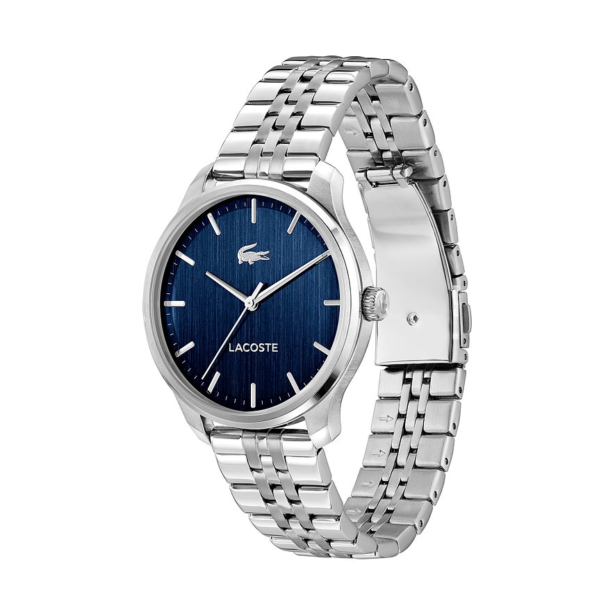Lacoste herenhorloge roestvrij staal met marineblauwe wijzerplaat en zilverkleurige wijzers en indexen.
