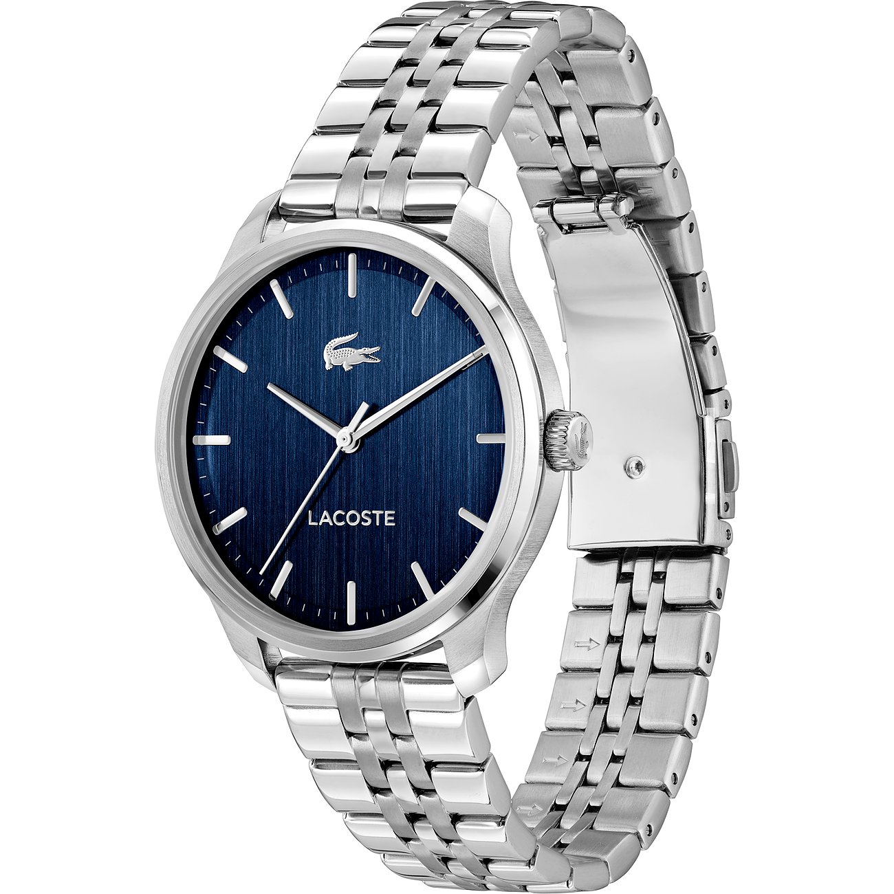 Lacoste herenhorloge roestvrij staal met marineblauwe wijzerplaat en zilverkleurige wijzers en indexen.