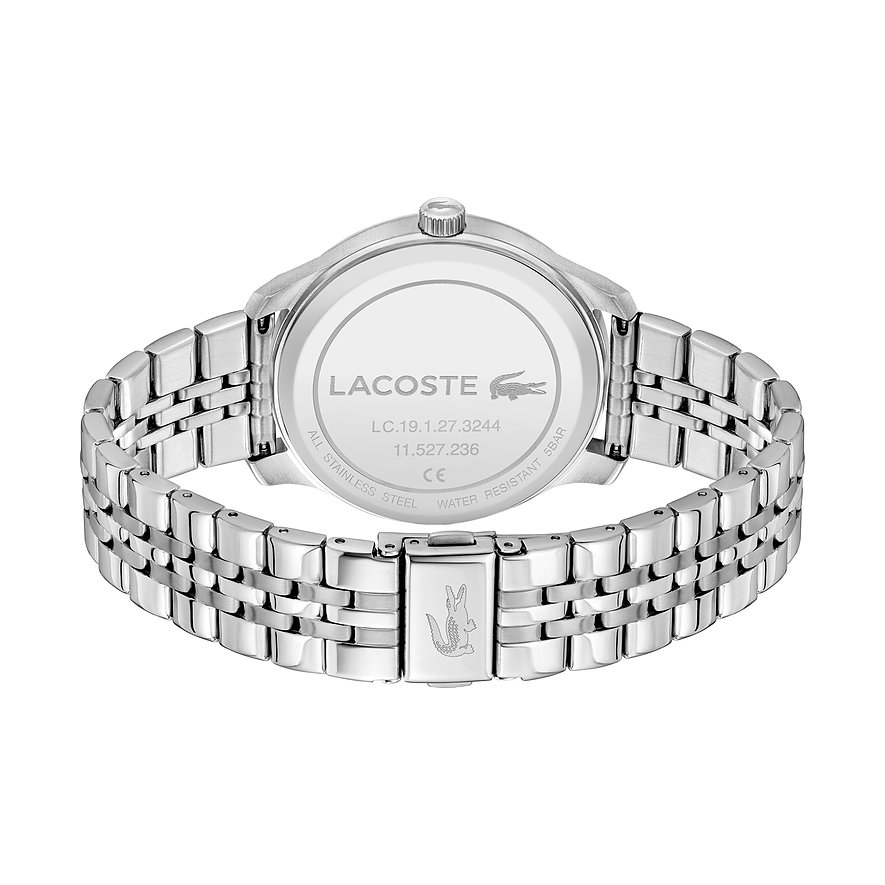 De achterkant van het zilverkleurige roestvrijstalen Lacoste herenhorloge is zichtbaar, met het merklogo en gravures.