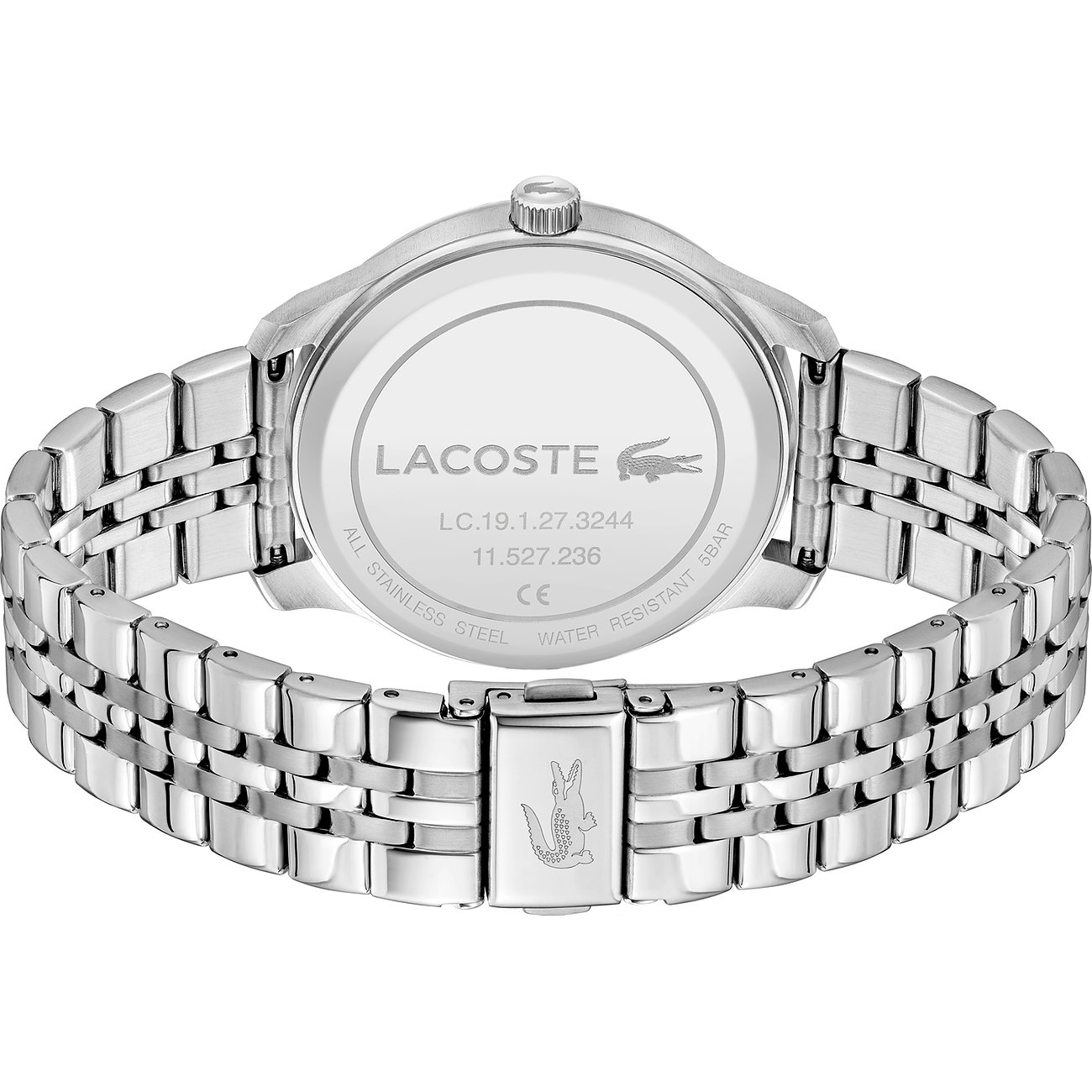 De achterkant van het zilverkleurige roestvrijstalen Lacoste herenhorloge is zichtbaar, met het merklogo en gravures.