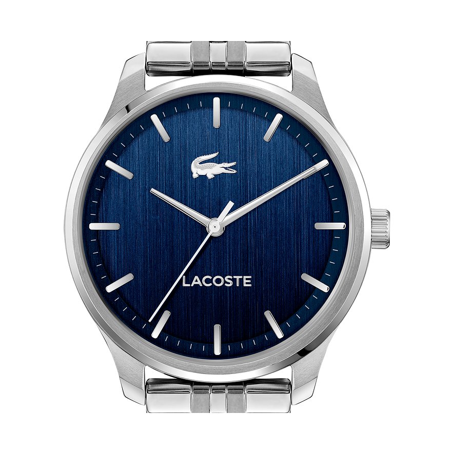 Lacoste herenhorloge van zilverkleurig roestvrij staal met donkerblauwe wijzerplaat en zilveren wijzers.