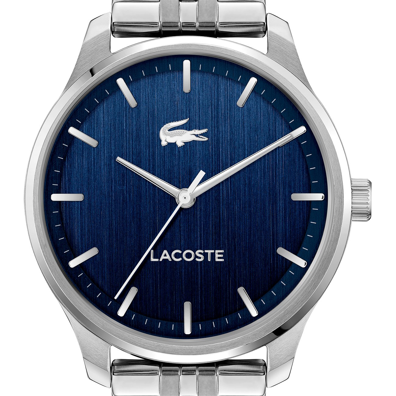 Lacoste herenhorloge van zilverkleurig roestvrij staal met donkerblauwe wijzerplaat en zilveren wijzers.