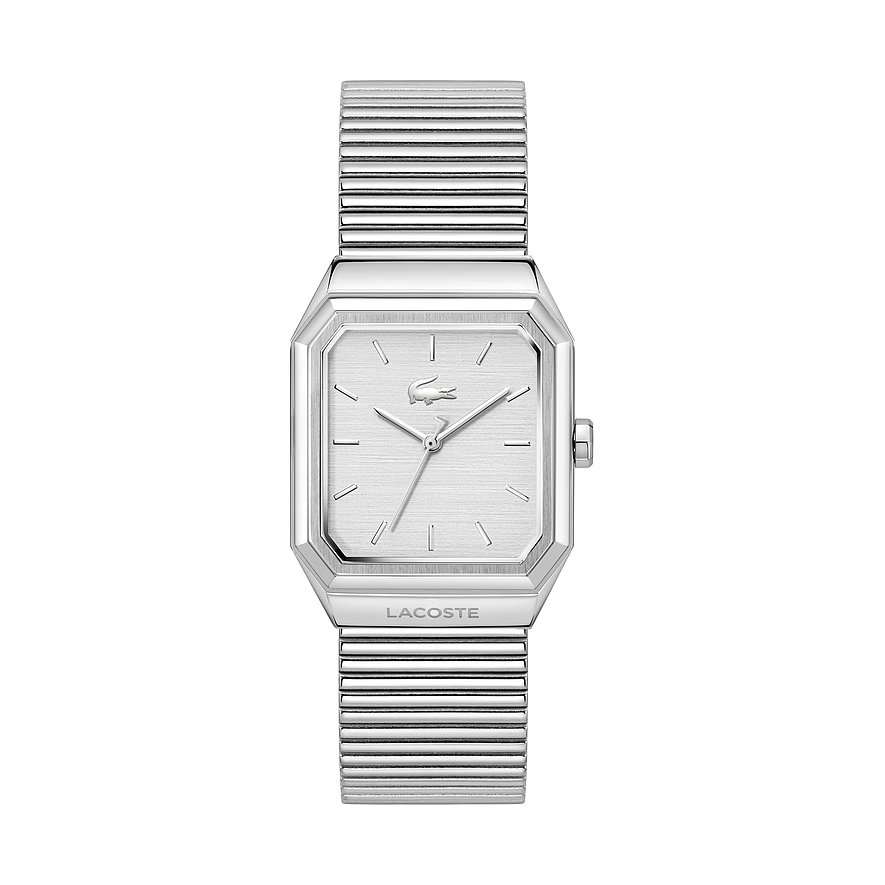 Eine rechteckige Lacoste Herrenuhr aus Edelstahl in Silber, mit strukturiertem Zifferblatt und silberfarbenen Indizes.