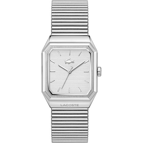 Een rechthoekig zilverkleurig roestvrijstalen Lacoste herenhorloge, met gestructureerde wijzerplaat en zilverkleurige indexen.