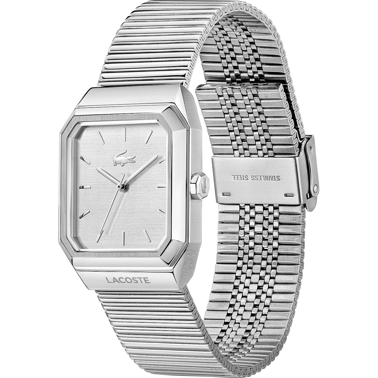 Nahaufnahme: Eckige Lacoste Herrenuhr aus silberfarbenem Edelstahl mit strukturiertem Zifferblatt und Milanaise-Armband.