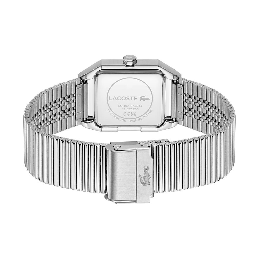 Rückseite einer Lacoste Herrenuhr aus silberfarbenem Edelstahl mit rechteckigem Gehäuse und Uhrenarmband aus Metallgeflecht.