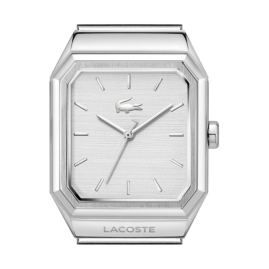 Die Lacoste Herrenuhr aus Edelstahl zeigt ein silbernes Zifferblatt mit feiner Linienstruktur und silbernen Indizes.