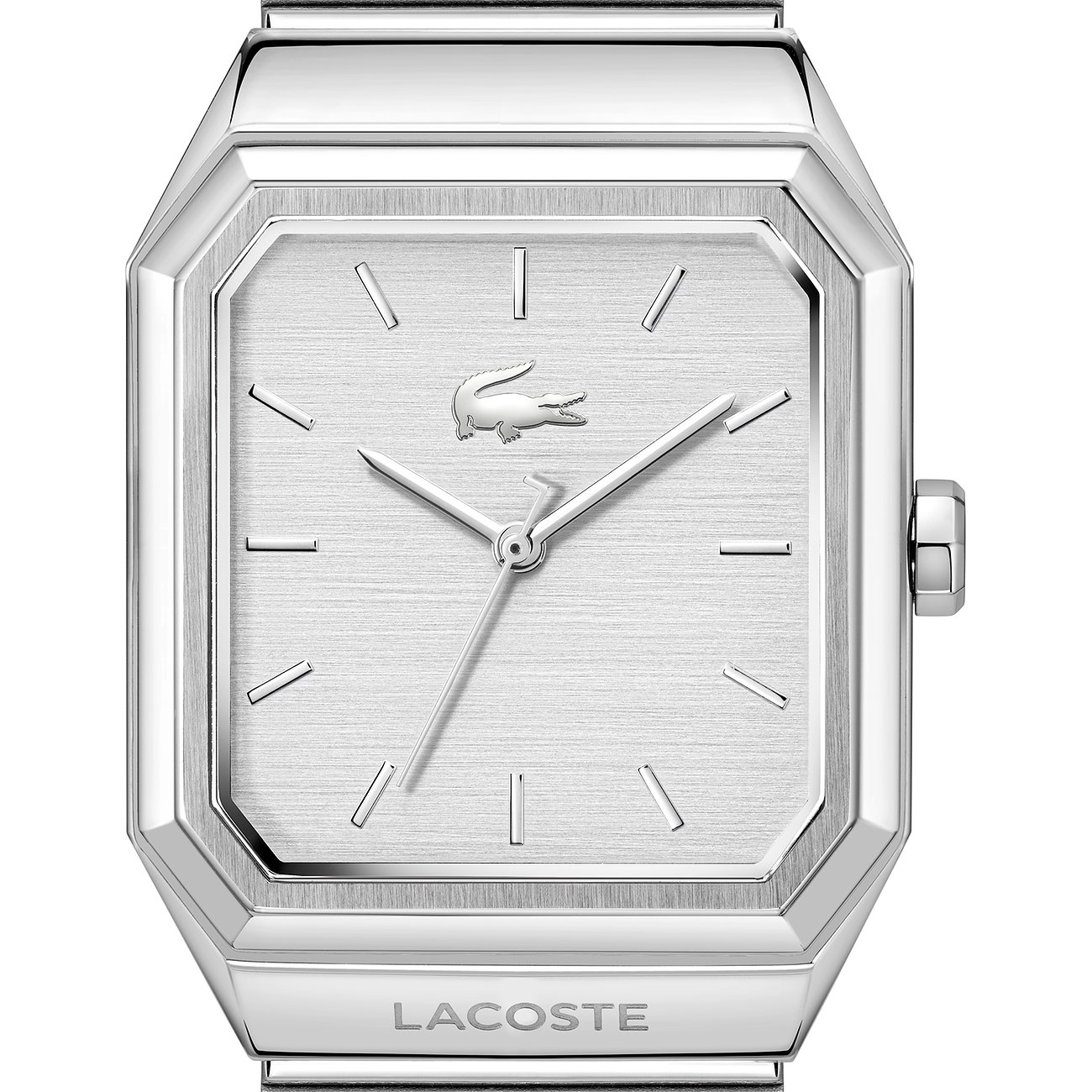 Die Lacoste Herrenuhr aus Edelstahl zeigt ein silbernes Zifferblatt mit feiner Linienstruktur und silbernen Indizes.