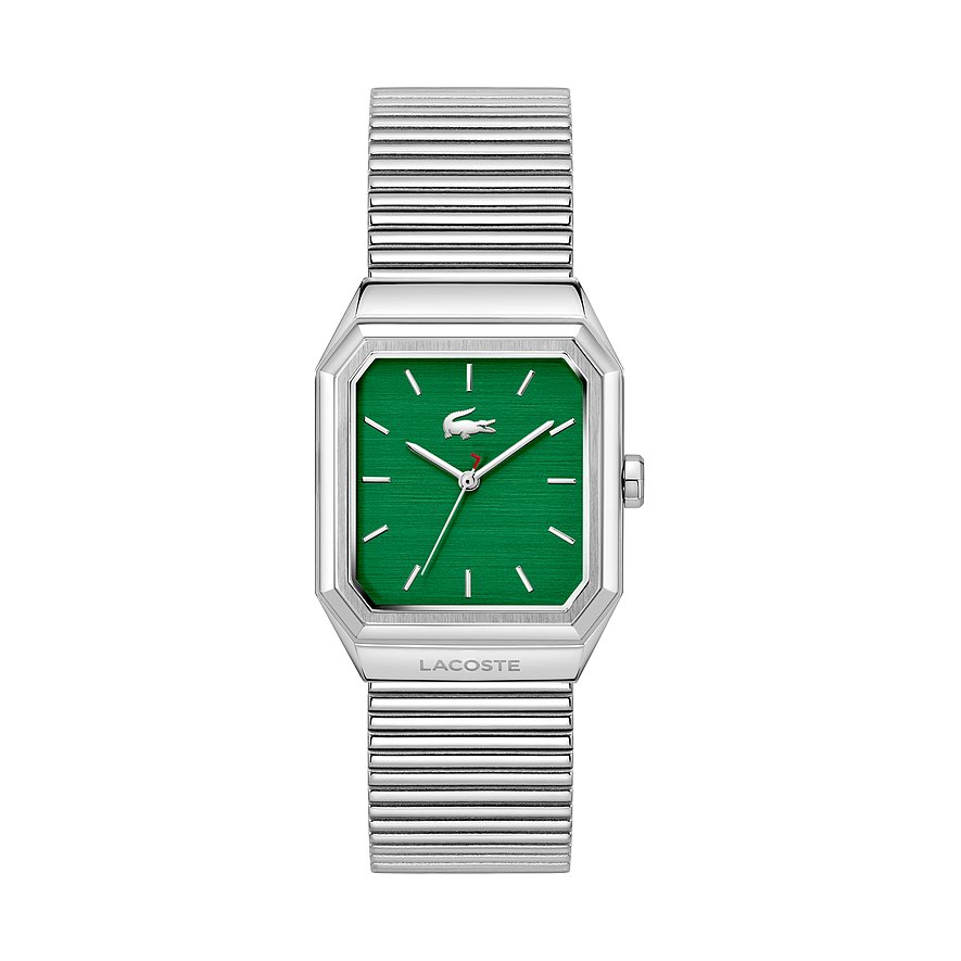 Lacoste Herrenuhr aus Edelstahl mit eckigem, silbernem Gehäuse und einem grünen Zifferblatt mit Krokodil-Logo.