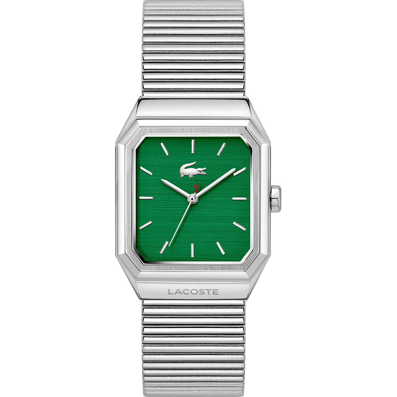 Lacoste Herrenuhr aus Edelstahl mit eckigem, silbernem Gehäuse und einem grünen Zifferblatt mit Krokodil-Logo.