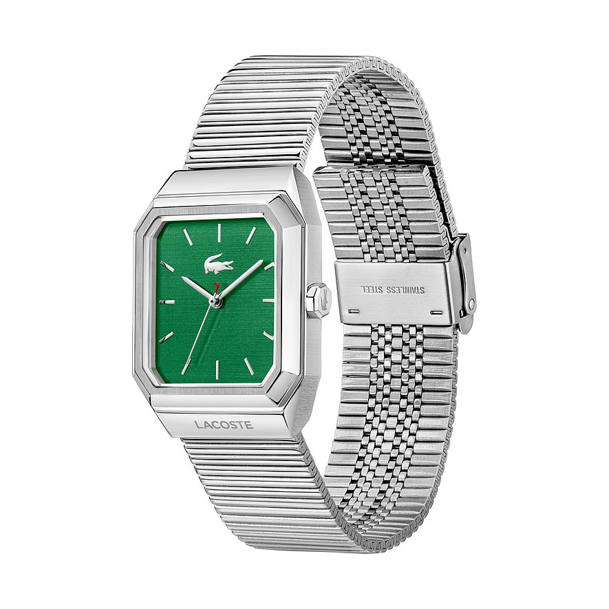 Lacoste Herrenuhr aus Edelstahl mit einem grünen Zifferblatt und silbernem Milanaise-Armband, perspektivisch von oben.