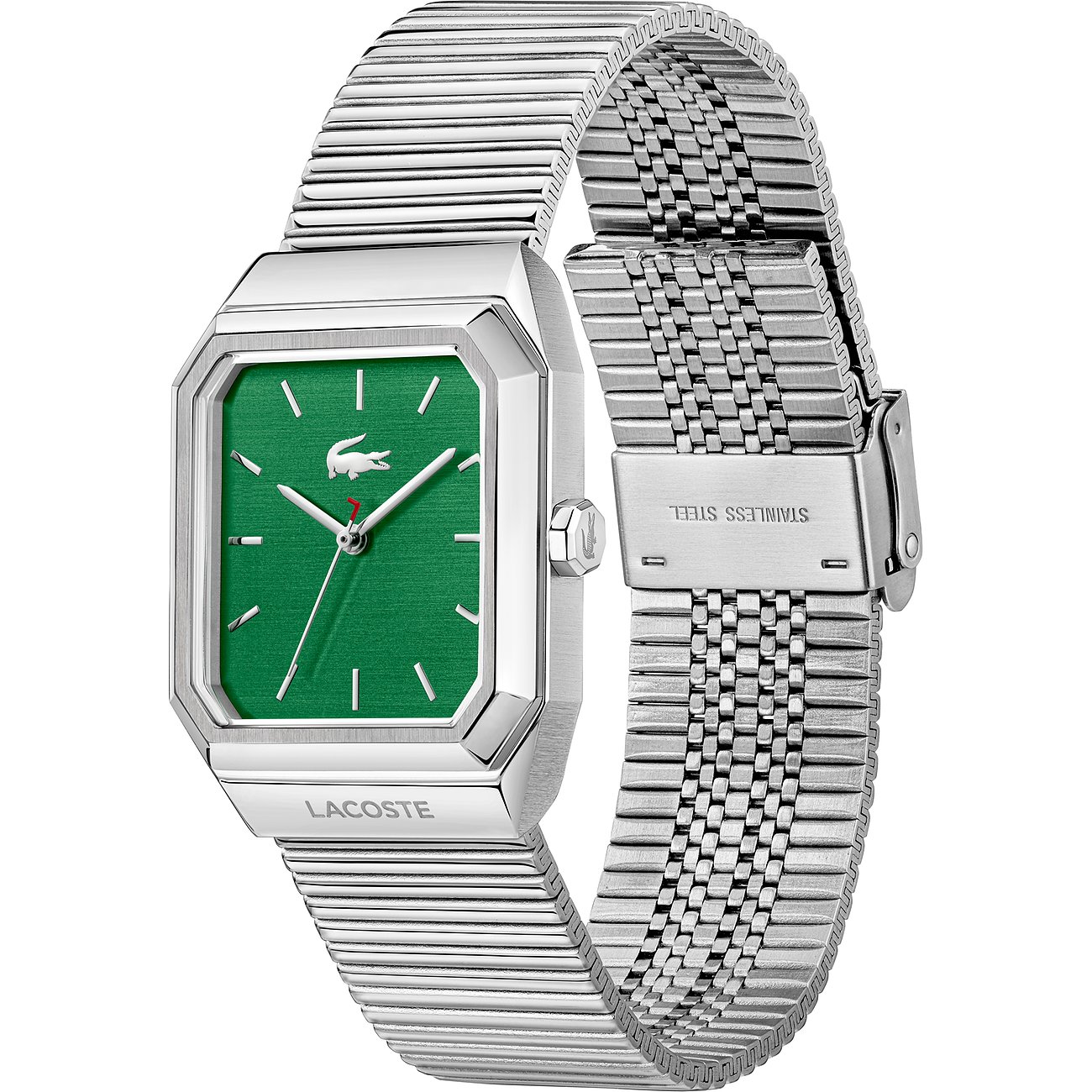 Lacoste Herrenuhr aus Edelstahl mit einem grünen Zifferblatt und silbernem Milanaise-Armband, perspektivisch von oben.