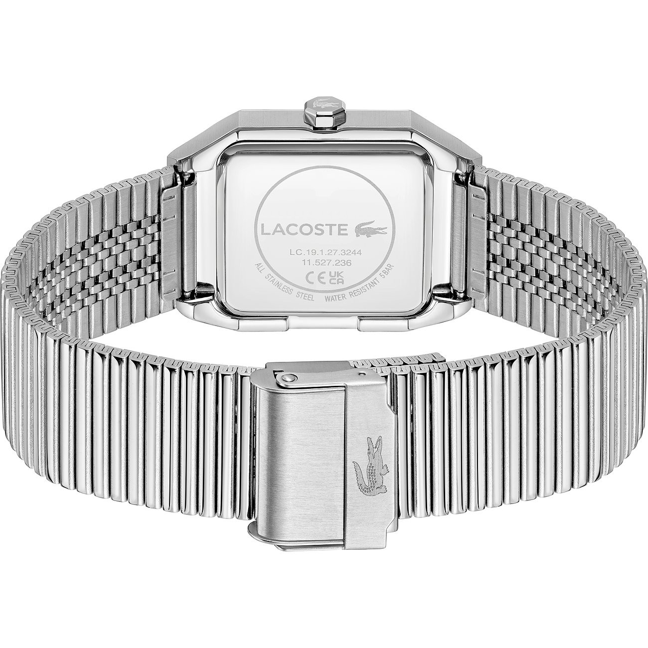 Rückseite einer Lacoste Herrenuhr aus Edelstahl, mit Markenlogo und technischen Angaben auf dem Gehäuseboden.