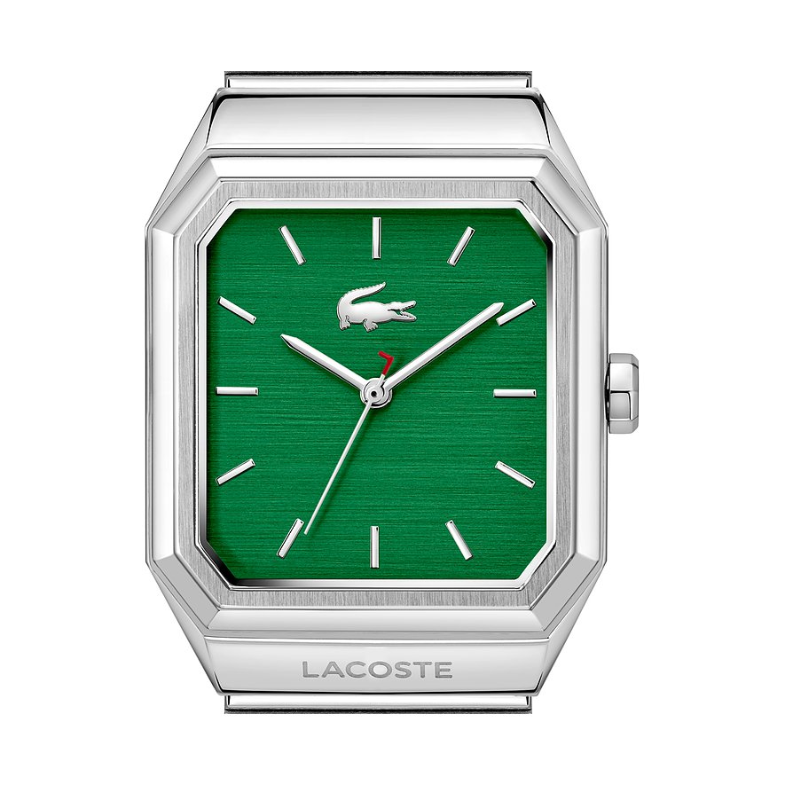 Nahaufnahme einer eckigen Lacoste Herrenuhr aus Edelstahl mit leuchtend grünem Zifferblatt und silberfarbenen Indizes.