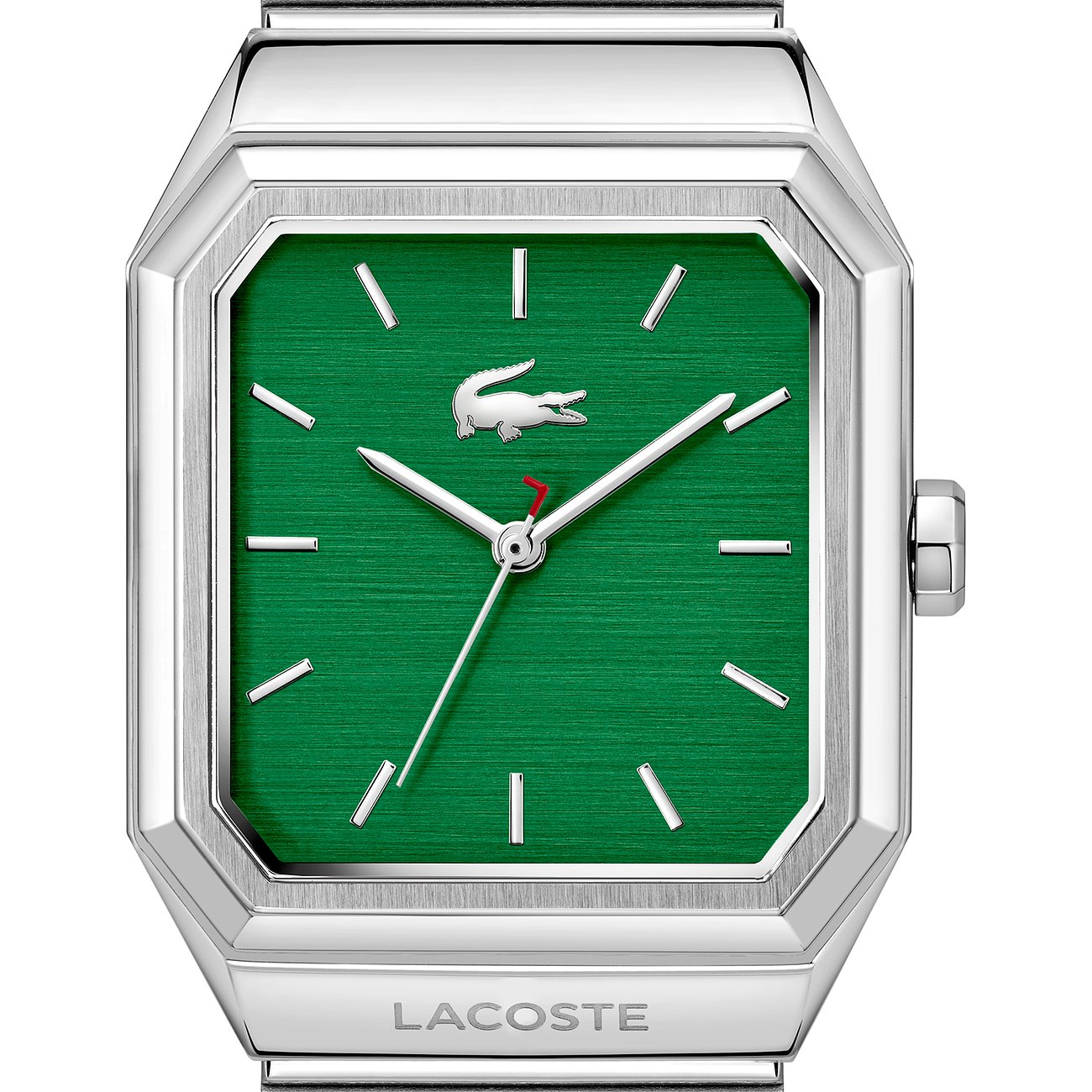 Nahaufnahme einer eckigen Lacoste Herrenuhr aus Edelstahl mit leuchtend grünem Zifferblatt und silberfarbenen Indizes.