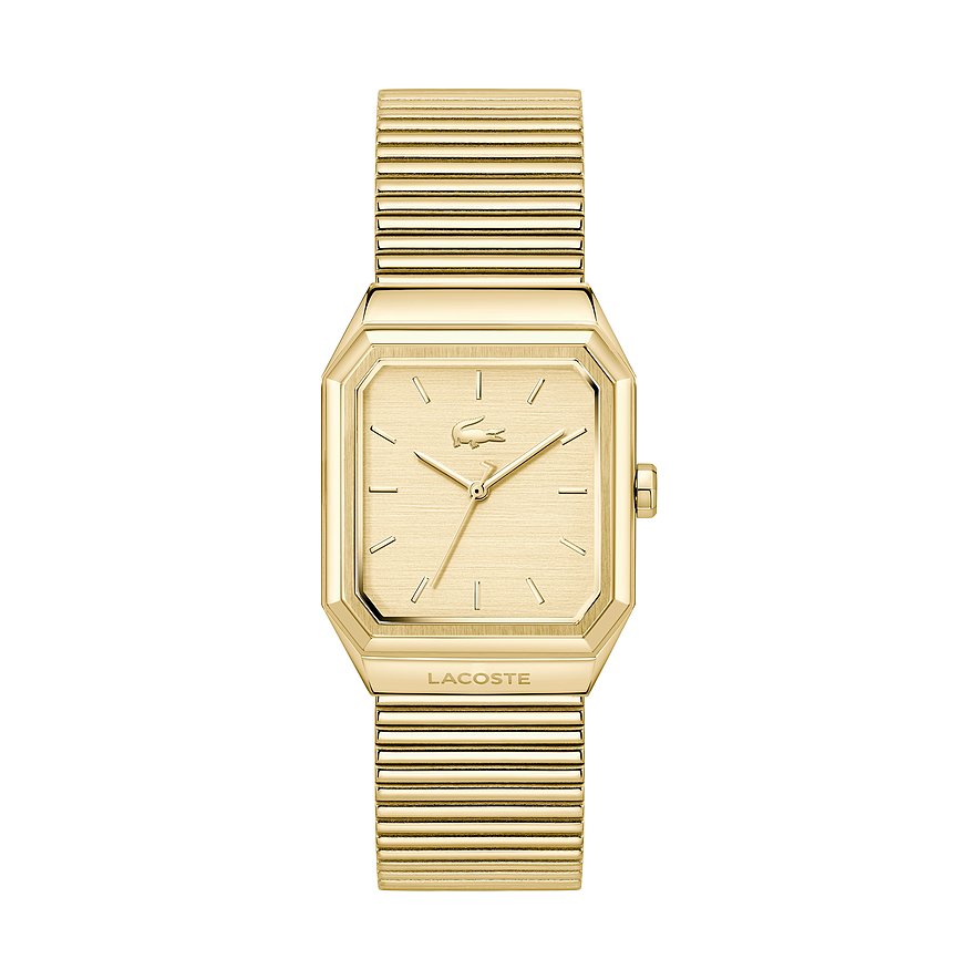 Goldfarbene Herrenuhr von Lacoste aus Edelstahl mit einem rechteckigen Zifferblatt und feinen Stundenmarkierungen.