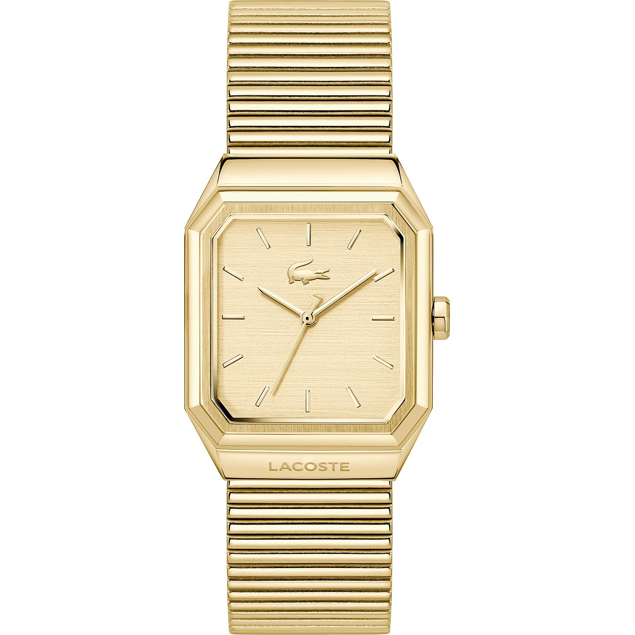 Goldfarbene Herrenuhr von Lacoste aus Edelstahl mit einem rechteckigen Zifferblatt und feinen Stundenmarkierungen.