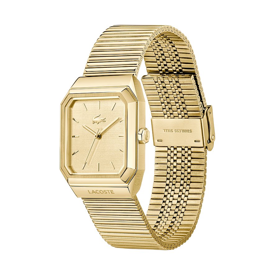 Eine rechteckige, goldfarbene Lacoste Herrenuhr aus Edelstahl mit klassischem Band in der Draufsicht.