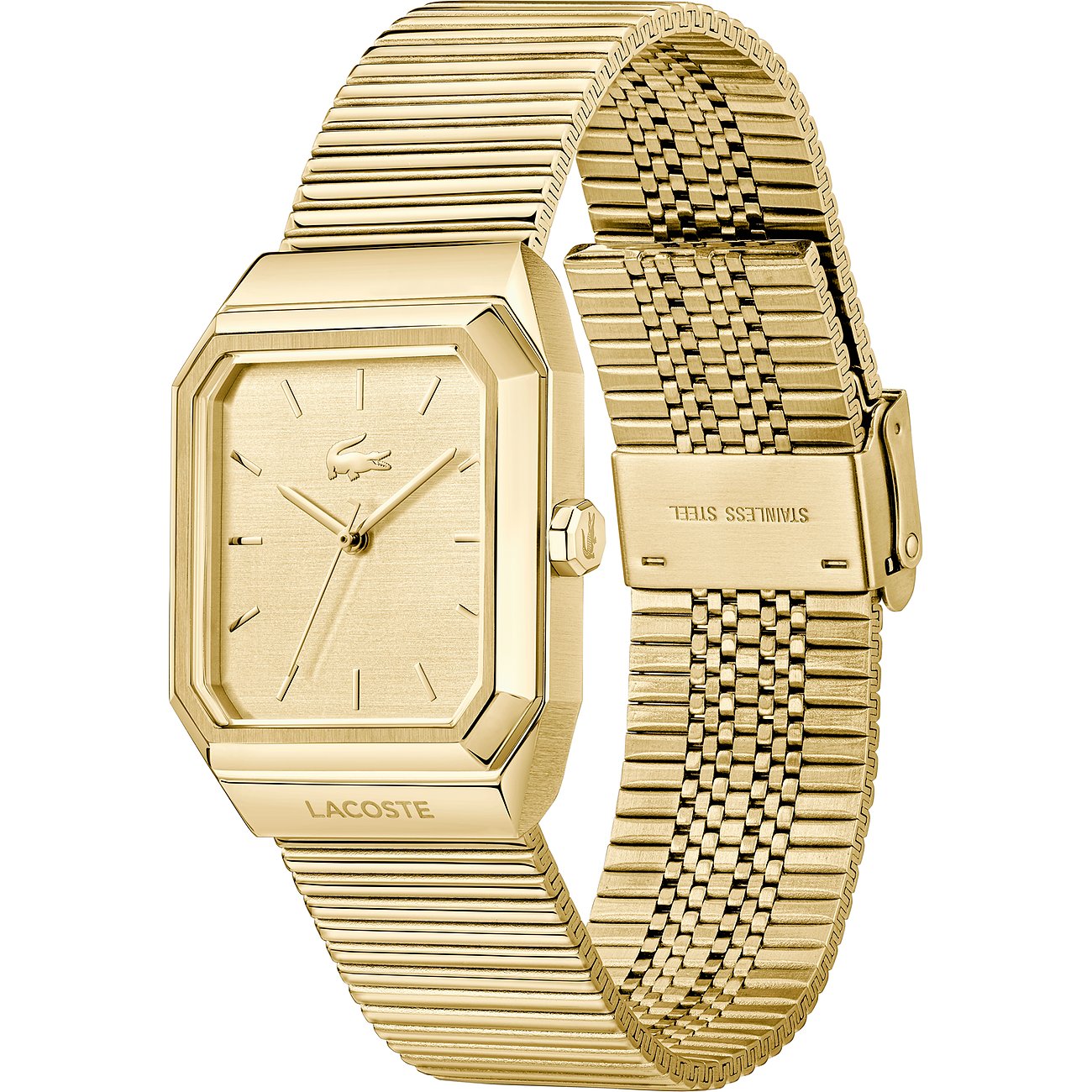 Eine rechteckige, goldfarbene Lacoste Herrenuhr aus Edelstahl mit klassischem Band in der Draufsicht.