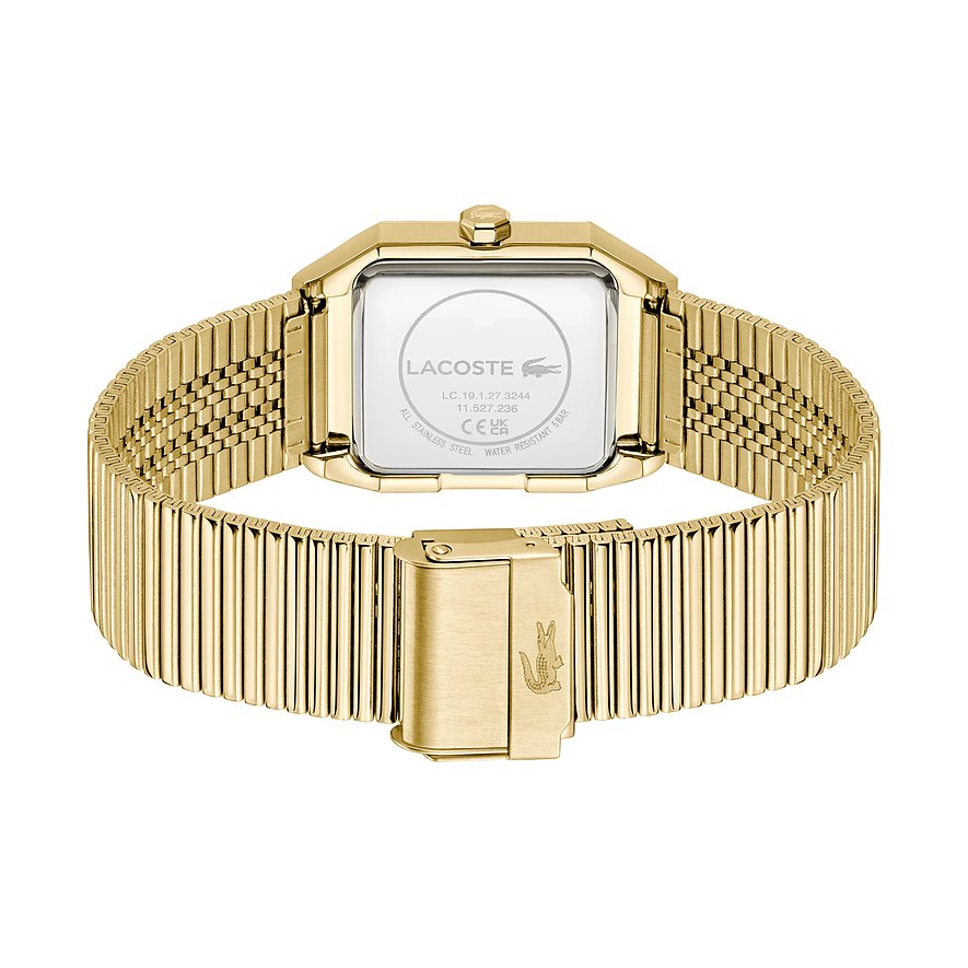 Rückansicht der goldenen Lacoste Herrenuhr aus Edelstahl mit rechteckigem Gehäuse und graviertem Logo auf der Schließe.