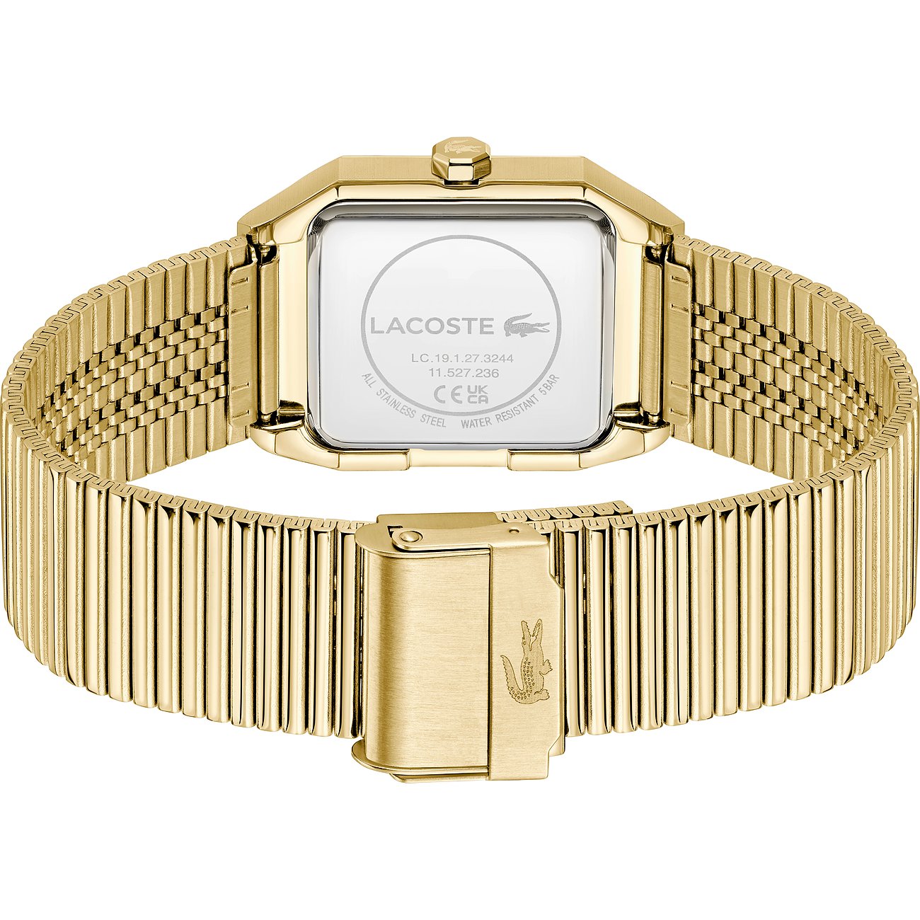 Rückansicht der goldenen Lacoste Herrenuhr aus Edelstahl mit rechteckigem Gehäuse und graviertem Logo auf der Schließe.