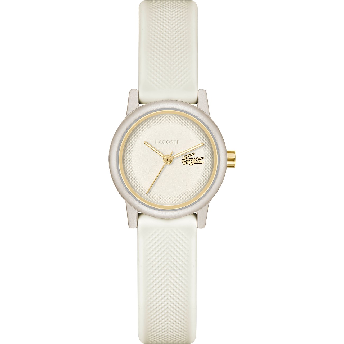 Lacoste Damenuhr aus Aluminium mit goldfarbenem Zifferblatt und weißem Silikonarmband.