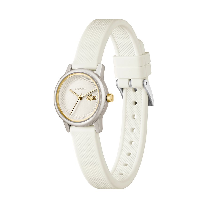 Lacoste Damenuhr aus Aluminium mit hellem Zifferblatt, goldenen Zeigern und weißem Silikonarmband aus der Frontansicht.