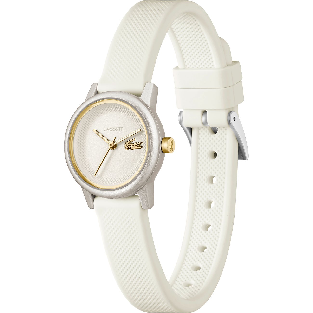 Lacoste Damenuhr aus Aluminium mit hellem Zifferblatt, goldenen Zeigern und weißem Silikonarmband aus der Frontansicht.
