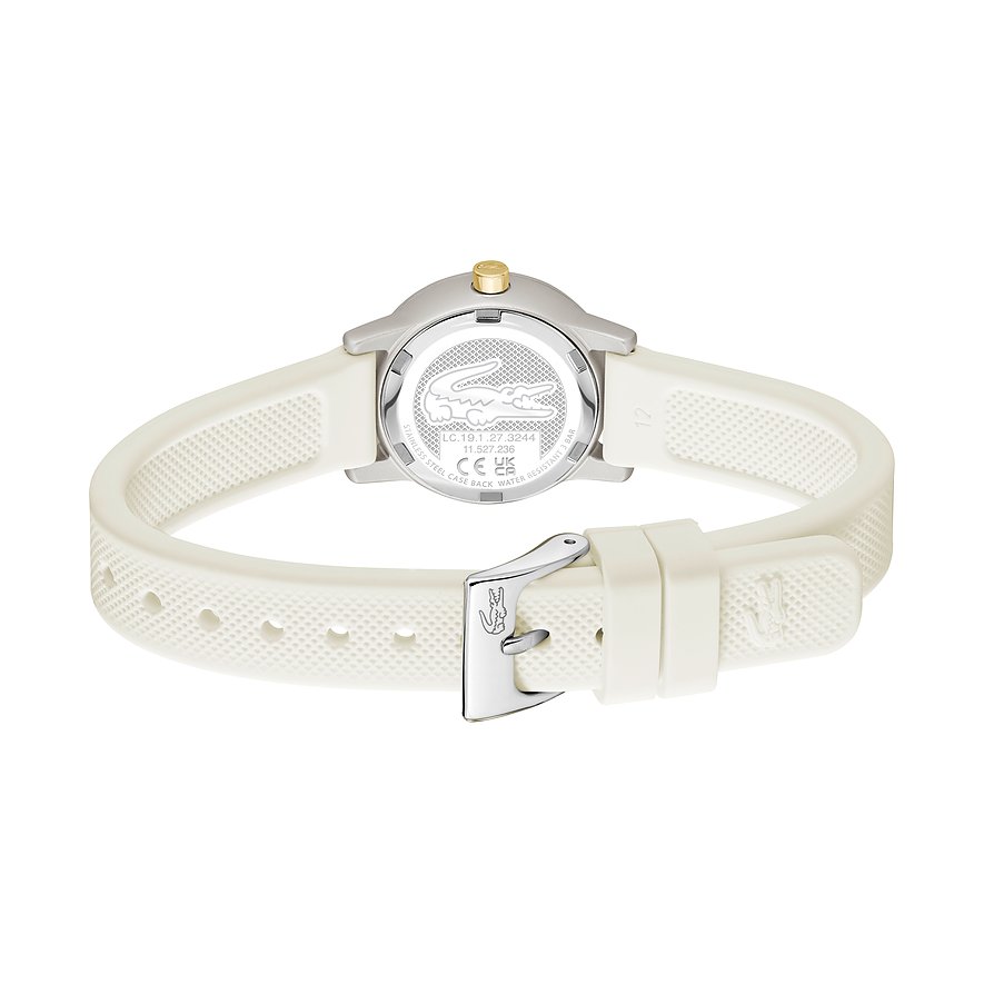 Rückansicht der Lacoste Damenuhr aus Aluminium mit weißem Band und silberner Dornschließe mit Krokodil-Logo.