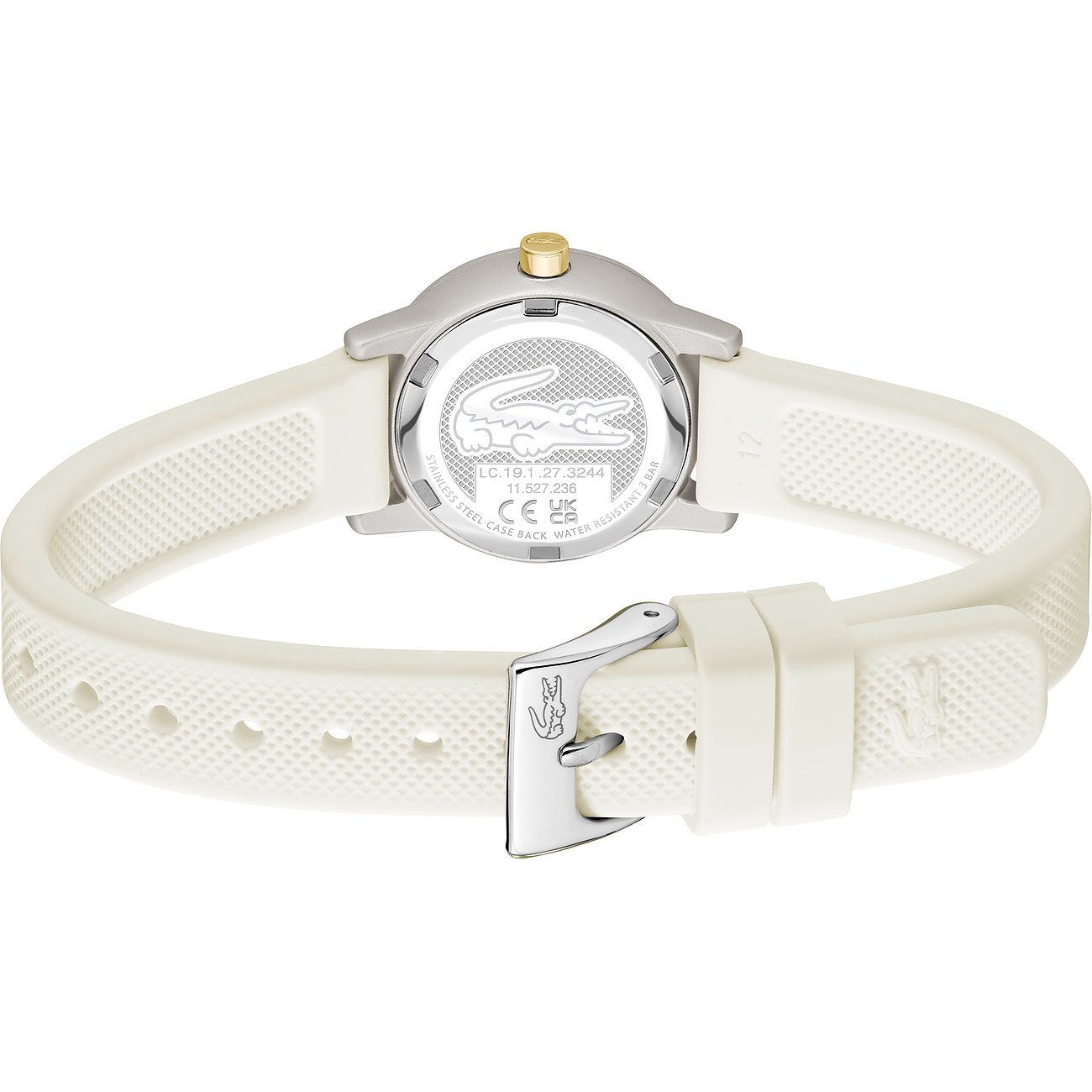 Rückansicht der Lacoste Damenuhr aus Aluminium mit weißem Band und silberner Dornschließe mit Krokodil-Logo.