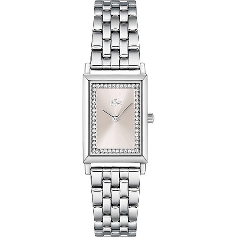 Lacoste dameshorloge van roestvrij staal met een rechthoekige wijzerplaat en een rand van kleurstenen.